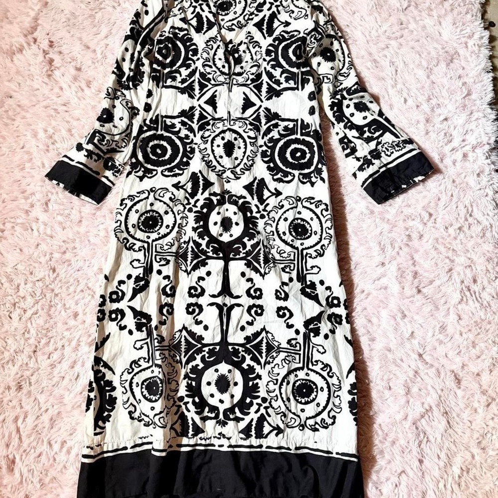 Zara Monochrome Mosaic Deco Floral Abstract Midi Dress Womens XS Boho Indie